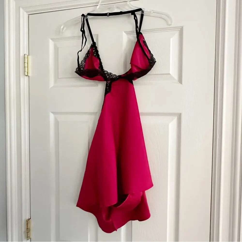 Adore Me Red Satin Black Lace Lingerie Set Babydoll Panty Intimates Large NWT
